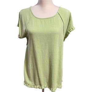 Umgee Womens Linen Blend Fringe Hem Shirt Short Sleeve Lime Size Small Spring